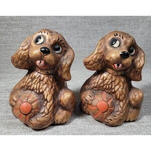 Vintage Ceramic Novelty Salt & Pepper Shakers ~ Puppy Dogs Holding Ball